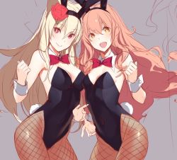 Rule 34 | 2girls, :d, animal ears, bad id, bad twitter id, bare shoulders, blonde hair, blush, breasts, character request, cleavage, detached collar, fake animal ears, fishnets, kagetomo midori, long hair, looking at viewer, multiple girls, open mouth, orange hair, pantyhose, playboy bunny, rabbit ears, rabbit tail, red eyes, simple background, smile, tail, wrist cuffs, yellow eyes