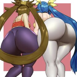 Rule 34 | 2girls, absurdres, ass, ass focus, back, bare shoulders, bent over, blue hair, bra, breasts, brown hair, camisole, dizzy (guilty gear), doublehero, female focus, from behind, from below, guilty gear, hair ribbon, hair rings, highres, huge ass, kneepits, kuradoberi jam, large breasts, leaning forward, legs, long hair, looking away, mature female, multiple girls, pants, red bra, red camisole, ribbon, simple background, sports bra, standing, sweatpants, thighs, twintails, two side up, underwear, very long hair, yellow bra, yellow camisole, yellow ribbon