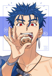 Rule 34 | 1boy, archer (fate), blue hair, cropped shoulders, cu chulainn (caster) (fate), cu chulainn (fate), cu chulainn (fate/stay night), cu chulainn (second ascension) (fate), earrings, fate/grand order, fate/stay night, fate (series), g0ringo, holding, jewelry, male focus, muscular, necklace, official alternate costume, open mouth, pectorals, red eyes, short hair, solo, stuffed toy, upper body