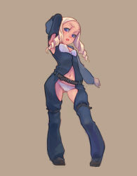 Rule 34 | 1girl, blonde hair, blue eyes, brown background, drill hair, framed breasts, from below, full body, legs apart, simple background, solo, standing, thigh strap, weno