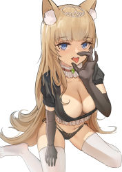 Rule 34 | 1girl, absurdres, animal ear fluff, animal ears, black gloves, black panties, blue eyes, breasts, brown hair, cat ears, choker, cleavage, crop top, darcy (pixiv11949485), elbow gloves, fellatio gesture, female focus, frilled choker, frills, gloves, highres, large breasts, long hair, looking at viewer, no shoes, open mouth, original, panties, short sleeves, side-tie panties, simple background, sitting, solo, stomach, thighhighs, tiara, tongue, tongue out, underwear, very long hair, wariza, white background, white thighhighs