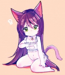 Rule 34 | 1girl, ?, alternate costume, animal ears, bare legs, barefoot, bell, blush, cat cutout, cat ears, cat lingerie, cat tail, chibi, choker, cleavage cutout, closed mouth, clothing cutout, eyelashes, full body, green eyes, hair between eyes, jingle bell, league of legends, long hair, lulu (league of legends), meme attire, mizoreame, navel, neck bell, panties, poking, polka dot, polka dot background, purple hair, side-tie panties, simple background, sitting, smile, solo, stomach, tail, underwear, underwear only, very long hair