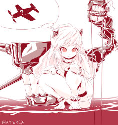 Rule 34 | 1girl, ?, abyssal ship, aircraft, airplane, artist name, barefoot, colored skin, commentary request, dress, horns, kantai collection, long hair, materia (0405), mittens, northern ocean princess, ocean, pale skin, red eyes, smile, solo, teeth, thighs, white dress, white hair, white skin
