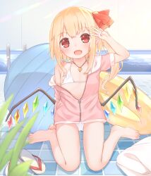 Rule 34 | 1girl, alternate costume, arm at side, arm up, bare legs, barefoot, bikini, bikini under clothes, blonde hair, commentary request, crystal, fang, flandre scarlet, flat chest, full body, highres, innertube, jacket, jewelry, long hair, looking at viewer, low wings, middle w, on ground, open mouth, partially unzipped, pendant, poolside, red eyes, red jacket, sakurea, sandals, side ponytail, single bare shoulder, sitting, skin fang, smile, solo, swim ring, swimsuit, tareme, touhou, unworn sandals, variant set, w, wariza, white bikini, wings