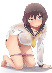 Rule 34 | 1girl, all fours, arm support, bad id, bad pixiv id, blush, bob cut, bottomless, breasts, brown eyes, brown hair, covered erect nipples, female pubic hair, full body, hair ornament, hairclip, hayyan, highres, kneeling, long sleeves, looking at viewer, neckerchief, open mouth, original, panties, panty pull, pubic hair, purple panties, school uniform, see-through, serafuku, short hair, simple background, small breasts, solo, tears, underwear, wet, wet clothes, white background, yellow neckerchief