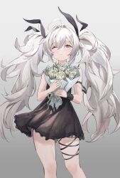 Rule 34 | 1girl, absurdres, ahoge, azur lane, black dress, black ribbon, bouquet, closed mouth, dress, flower, frills, grey background, hair between eyes, hair intakes, hair ribbon, highres, holding, holding bouquet, laffey (azur lane), laffey (lazy days) (azur lane), light blush, long hair, looking at viewer, nariku, official alternate costume, one eye closed, red eyes, ribbon, short dress, simple background, sleeveless, sleeveless dress, solo, thigh strap, twintails, white flower, white hair