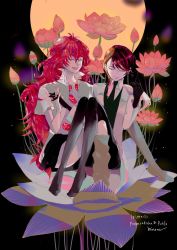 Rule 34 | 2others, absurdres, androgynous, arm around neck, asymmetrical hair, bad id, bad pixiv id, blonde hair, crystal hair, dark background, english text, closed eyes, flower, full moon, gem, gem uniform (houseki no kuni), gloves, highres, holding hands, houseki no kuni, interlocked fingers, lab coat, long hair, lotus, moon, multicolored hair, multiple others, necktie, open clothes, open shirt, padparadscha (houseki no kuni), pantyhose, red hair, rutile (houseki no kuni), short hair, signature, sitting, smile, sparkle, wavy hair
