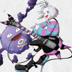 Rule 34 | 1girl, bass guitar, blue eyes, boots, creatures (company), dress, forehead, game freak, gen 1 pokemon, gym leader, hair bobbles, hair ornament, instrument, koffing, kosian bun, looking at viewer, nintendo, plectrum, pokemon, pokemon (creature), pokemon bw2, roxie (pokemon), smog, striped clothes, striped dress, teeth, topknot, upper teeth only, white hair