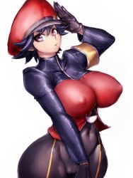 Rule 34 | 1girl, black gloves, blue hair, breasts, cameltoe, covered erect nipples, covered navel, cowboy shot, creatures (company), fumio (rsqkr), game freak, gloves, hat, highres, huge breasts, impossible clothes, long sleeves, looking at viewer, mole, mole under eye, nintendo, parted lips, pokemon, pokemon masters ex, pokemon ranger (pokemon), purple eyes, salute, short hair, simple background, skin tight, solo, white background, wide hips