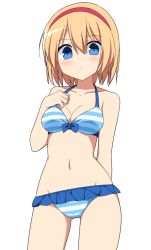 Rule 34 | 1girl, alice margatroid, bad id, bad pixiv id, bare arms, bare shoulders, bikini, blonde hair, blue bikini, blue bow, blue eyes, blush, bow, bow bikini, breasts, cameltoe, cleavage, collarbone, commentary request, cowboy shot, enushi (toho193), frilled bikini, frills, gluteal fold, groin, hair between eyes, hairband, halterneck, hand on own chest, hand up, highres, looking at viewer, medium breasts, navel, red hairband, simple background, solo, standing, stomach, striped bikini, striped clothes, swimsuit, thighs, touhou, white background