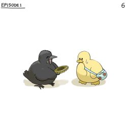 Rule 34 | ^ ^, bag, bird, bottle cap, closed eyes, commentary, crow, diva (hyxpk), duck, duckling, english commentary, english text, food, food on face, highres, no humans, numbered, original, simple background, sweatdrop, white background