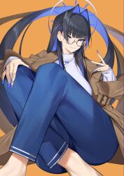 Rule 34 | 1girl, absurdres, befe, black hair, blue eyes, blue nails, brown jacket, colored inner hair, crossed legs, feet out of frame, glasses, hair intakes, halo, hand on own knee, highres, hololive, hololive english, jacket, long hair, looking at viewer, multicolored hair, orange background, ouro kronii, ouro kronii (casual), shirt, thigh focus, very long hair, virtual youtuber, white shirt