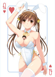 Rule 34 | 1boy, 1girl, animal ears, armpits, between breasts, breasts, brown eyes, brown hair, card, cleavage, detached collar, fake animal ears, giant, giantess, highres, large breasts, leotard, long hair, mini person, miniboy, misoshiru (kurisi), original, person between breasts, playboy bunny, playing card, queen (playing card), queen of hearts (playing card), rabbit ears, rabbit tail, ribbon, smile, tail, thighhighs, thighs, twintails, white thighhighs, wrist cuffs, yellow ribbon