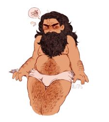 Rule 34 | 1boy, bara, beard, belly, blush, brown hair, bulge, cropped legs, dungeon meshi, dwarf, facial hair, fat, fat man, full beard, hairy, highres, legs together, long beard, male focus, mature male, mustache, navel, navel hair, nipples, senshi (dungeon meshi), solo, sparse arm hair, sparse chest hair, spoken squiggle, squiggle, stomach, thick beard, thick eyebrows, thick leg hair, thick mustache, thick navel hair, topless male, velvelitas, very hairy, very long beard