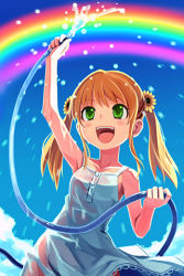 Rule 34 | 1girl, :d, arm up, bail, blonde hair, blush, dress, flat chest, flower, green eyes, hose, lowres, open mouth, orange hair, rainbow, smile, solo, sunflower, sword girls, twintails, water, wet, wet clothes, aged down