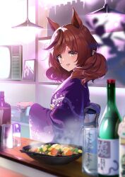Rule 34 | 1girl, absurdres, alternate costume, animal ears, blurry, blurry foreground, blush, bottle, bowl, brown hair, chopsticks, cup, food, hand on own chest, hanging light, highres, holding, holding cup, horse ears, indoors, japanese clothes, kimono, long sleeves, looking at viewer, looking to the side, medium hair, nice nature (umamusume), nino (shira), open mouth, portrait (object), purple kimono, sake bottle, smile, solo, steam, television, twintails, umamusume, upper body, wide sleeves, yellow eyes