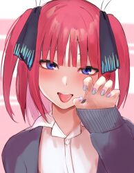 Rule 34 | 1girl, :p, black sweater, blue eyes, blue nails, blunt bangs, blush, butterfly hair ornament, collared shirt, commentary, eyelashes, eyes visible through hair, go-toubun no hanayome, hair ornament, hand up, head tilt, highres, looking at viewer, mowatoro (10628 ), nakano nino, open mouth, paw pose, pink background, round teeth, shirt, sidelocks, simple background, sleeves past wrists, solo, sweater, teeth, tongue, tongue out, two side up, upper body, upper teeth only, white shirt
