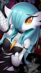 Rule 34 | 1girl, :3, alternate color, arm up, artist name, bare shoulders, black dress, black gloves, blue hair, blurry, blush, breasts, choker, creatures (company), dress, dutch angle, elbow gloves, female focus, fingerless gloves, fishnet gloves, fishnets, game freak, gardevoir, gen 3 pokemon, gloves, goth fashion, hair over one eye, hand up, long hair, looking at viewer, medium breasts, nintendo, no humans, orange eyes, outstretched arm, pokemon, pokemon (creature), rilex lenov, selfie, shiny pokemon, sleeveless, sleeveless dress, smile, solo, standing, text focus, torn clothes, watermark
