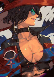 Rule 34 | 1girl, black choker, black hair, black shirt, breasts, choker, cleavage, cropped shirt, cross, green-tinted eyewear, grey eyes, grin, guilty gear, guilty gear strive, hat, hungry clicker, i-no, jacket, lips, looking afar, looking to the side, medium breasts, off-shoulder jacket, off shoulder, open clothes, open jacket, partially unbuttoned, red hat, red jacket, shirt, short hair, smile, solo, sunglasses, tinted eyewear, upper body, wind, witch hat