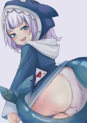 Rule 34 | 1girl, absurdres, animal costume, animal hood, artist request, aster drawing, blue eyes, blue hair, blue hoodie, blunt bangs, blush, cameltoe, fins, fish tail, gawr gura, gawr gura (1st costume), grey background, highres, hololive, hololive english, hood, hoodie, long sleeves, looking at viewer, looking back, medium hair, multicolored hair, open mouth, panties, shark costume, shark girl, shark hood, shark print, shark tail, sharp teeth, simple background, sleeves past wrists, smile, solo, source request, streaked hair, tail, teeth, two side up, underwear, virtual youtuber, white hair, white panties, wide sleeves