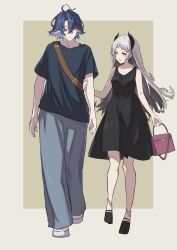Rule 34 | 1boy, 1girl, absurdres, ahoge, alternate costume, anklet, arknights, bag, bare legs, black dress, black footwear, black hair, black shirt, blue hair, brown background, casual, closed mouth, couple, dress, earrings, full body, grey background, grey eyes, grey hair, grey pants, handbag, head wings, height difference, hetero, highres, holding, holding bag, irene (arknights), jewelry, long hair, looking at another, lumen (arknights), multicolored hair, open mouth, pants, pointy ears, red eyes, shirt, short hair, shoulder bag, sleeveless, sleeveless dress, standing, two-tone background, two-tone hair, v-shaped eyebrows, wings, wn (wani-noko)