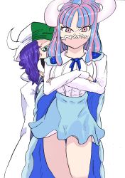 Rule 34 | absurdres, angry, blue hair, breasts, brother and sister, cape, demon horns, high-waist skirt, high heels, highres, horns, large breasts, long hair, mask, mouth mask, multicolored hair, neck ribbon, one piece, purple eyes, ribbon, shirt, siblings, skirt, solo focus, sorambk, striped, striped clothes, striped shirt, thighs, ulti (one piece), very long hair, white background, white horns, white shirt, yandere