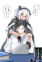Rule 34 | 1boy, 1girl, admiral (kancolle), black gloves, black nails, bottle, can, cape, computer, dark-skinned female, dark skin, energy drink, glasses, gloves, grey cape, hairband, highres, kantai collection, laptop, long hair, monster energy, musashi (kancolle), musashi kai ni (kancolle), nail polish, partially fingerless gloves, red eyes, silver hair, simple background, table, translation request, twintails, upper body, white background, yunamaro