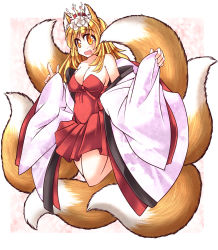 Rule 34 | animal ears, bell, blonde hair, detached sleeves, dress, fang, fox ears, fox tail, full body, gradient background, hair bell, hair ornament, highres, inari (sennen sensou aigis), long sleeves, multiple tails, mumumu, open mouth, red dress, sennen sensou aigis, smile, solo, tail, touhou, wide sleeves, yellow eyes