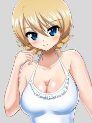 Rule 34 | 1girl, blonde hair, blue eyes, braid, braided bun, breasts, cleavage, closed mouth, darjeeling (girls und panzer), earlobe1514366, frilled swimsuit, frills, girls und panzer, grey background, hair bun, halterneck, hand in own hair, highres, large breasts, looking at viewer, one-piece swimsuit, short hair, simple background, smile, solo, swimsuit, twin braids, upper body, white one-piece swimsuit