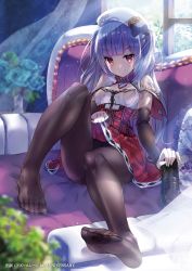 Rule 34 | 1girl, ajax (azur lane), akaza, azur lane, clothes lift, feet, highres, light purple hair, loafers, long hair, looking at viewer, pantyhose, parted lips, red eyes, shoes, unworn shoes, single shoe, skirt, skirt lift, smile, soles, toes, twintails