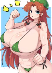 abs bikini blue_background blush braid breasts fighting_stance green_bikini green_eyes green_hat hair_ribbon hat highres hong_meiling huge_breasts long_hair micro_bikini navel norori red_hair ribbon star_(symbol) swimsuit touhou twin_braids very_long_hair