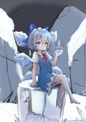 Rule 34 | 1girl, absurdres, bare legs, barefoot, blue bow, blue dress, blue eyes, blue hair, blue ribbon, blush, bow, cirno, closed mouth, detached wings, dress, fairy, fairy wings, frozen, hair between eyes, hair bow, hair ornament, hair ribbon, highres, ice, ice wings, looking at viewer, puffy short sleeves, puffy sleeves, ribbon, short hair, short sleeves, sidelocks, sitting, solo, teeth, touhou, wings, yukinoa3