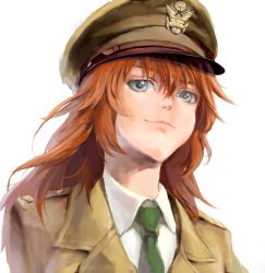 Rule 34 | 1girl, bad id, bad pixiv id, charlotte e. yeager, close-up, female focus, from below, hat, kisetsu, lips, military, military uniform, peaked cap, red hair, smile, solo, strike witches, uniform, white background, world witches series