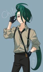 Rule 34 | 1girl, ahoge, black necktie, black pants, bright pupils, character name, closed mouth, collared shirt, commentary request, cowboy shot, creatures (company), earrings, frown, game freak, green hair, grey background, hand on own hip, hand up, highres, jewelry, long hair, looking down, necktie, nintendo, pants, pokemon, pokemon sv, red eyes, rika (pokemon), shirt, solo, stud earrings, suspenders, u2t5k2s5, white pupils