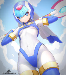 Rule 34 | 1girl, absurdres, android, armor, artist name, blue eyes, blue helmet, bodysuit, bodysuit under clothes, breasts, cloud, commentary, covered navel, crop top, english commentary, fairy leviathan (mega man), fins, forehead jewel, from below, head fins, helmet, highres, holding, holding polearm, holding weapon, mega man (series), mega man zero (series), polearm, robot girl, sky, small breasts, solo, spear, weapon, white bodysuit, zambonito