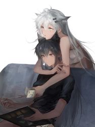 Rule 34 | 2girls, animal ears, arknights, black hair, blue eyes, book, breasts, brown eyes, chinese commentary, closed mouth, commentary request, couch, ear piercing, extra ears, food, grey shirt, hair ornament, hairclip, highres, holding, holding book, holding food, hug, hug from behind, lappland (arknights), long hair, medium breasts, mouth hold, multiple girls, naijiaer, on couch, parted lips, piercing, pocky, reading, scar, scar on face, shirt, short sleeves, silver hair, simple background, sitting, strapless, texas (arknights), tube top, very long hair, white background, wolf ears, yuri