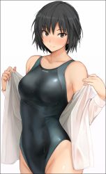 Rule 34 | 1girl, amagami, bad id, bad twitter id, black eyes, black hair, black one-piece swimsuit, bob cut, breasts, collarbone, competition swimsuit, cowboy shot, dress shirt, highres, medium breasts, mobu, nanasaki ai, one-piece swimsuit, open clothes, shirt, short hair, simple background, solo, swimsuit, white background, white shirt
