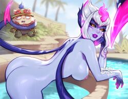 Rule 34 | 1girl, ass, back, bent over, blushyspicy, breasts, butt crack, colored skin, completely nude, curvy, demon girl, evelynn (league of legends), huge ass, large breasts, league of legends, leaning forward, looking at viewer, monster girl, multicolored hair, nipples, nude, outdoors, parted lips, pink hair, pool, purple lips, purple skin, short hair, slit pupils, smile, teemo, thick lips, wet, white hair, yellow eyes