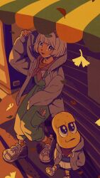 Rule 34 | 1boy, 1girl, absurdres, against wall, animal ears, animal nose, aonori maeba, awning, bandana around neck, black eyes, bob cut, falling leaves, ginkgo leaf, green overalls, grey hair, grey hoodie, hand up, hands in pockets, highres, hood, hood down, hood grab, hoodie, leaf, leaning back, long sleeves, looking at object, looking at viewer, looking up, mode aim, open clothes, open hoodie, open mouth, orange socks, outdoors, peanuts-kun, ponpoko (vtuber), raccoon ears, raccoon tail, shade, shirt, shoes, short hair, sneakers, socks, standing, standing on one leg, tail, virtual youtuber, white shirt