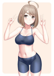 Rule 34 | 1girl, ahoge, armpits, bare shoulders, bike shorts, black sports bra, blush, breasts, brown background, brown eyes, brown hair, chado maki, cleavage, closed mouth, collarbone, commentary request, cowboy shot, double v, groin, hair between eyes, hands up, highres, large breasts, looking at viewer, midriff, myouan, navel, original, partial commentary, short hair, sidelocks, simple background, skindentation, smile, solo, sports bra, standing, taut clothes, thick eyebrows, v, white background