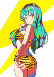 Rule 34 | 1girl, absurdres, animal print, ass, back, bikini, breasts, cone horns, from behind, from side, green hair, hand up, highres, horns, itou kazuki, lightning bolt symbol, long hair, looking at viewer, looking back, lum, medium breasts, oni, pointy ears, simple background, solo, standing, strapless, strapless bikini, swimsuit, tiger print, urusei yatsura, yellow bikini, yellow eyes