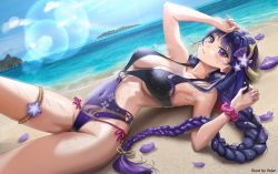 Rule 34 | 1girl, absurdres, alternate costume, arm up, armpits, artist name, bare arms, bare shoulders, beach, blush, braid, breasts, day, flower, genshin impact, groin, hair flower, hair ornament, hand on own head, highleg, highleg swimsuit, highres, knee up, large breasts, lens flare, long hair, looking at viewer, low-braided long hair, low-tied long hair, lying, o-ring, o-ring swimsuit, ocean, on back, one-piece swimsuit, outdoors, parted lips, petals, ponytail, purple flower, raiden shogun, sand, scrunchie, single braid, solo, swimsuit, thigh strap, thighs, volar uwu, wet, wrist scrunchie