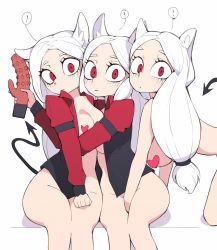 Rule 34 | !, 3girls, :|, animal ear fluff, animal ears, between legs, bottomless, breasts, censored, cerberus (helltaker), closed mouth, demon girl, demon tail, dildo, expressionless, eyelashes, hair tie, hand between legs, hanging breasts, heart, heart censor, helltaker, highres, holding, hug, long hair, looking at viewer, multiple girls, no bra, nude, open clothes, open shirt, pepper0, ponytail, red eyes, sex toy, siblings, simple background, sisters, sitting, tail, white background, white hair, wolf ears