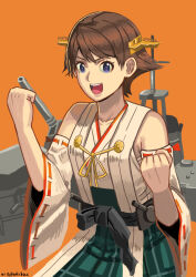 Rule 34 | 1girl, blue eyes, breasts, brown hair, cannon, detached sleeves, flipped hair, green skirt, headgear, hiei (kancolle), hiei kai ni (kancolle), highres, japanese clothes, kantai collection, medium breasts, nontraditional miko, open mouth, orange background, plaid, plaid skirt, ribbon-trimmed sleeves, ribbon trim, rigging, short hair, skirt, smokestack, solo, turret, upper body, vehicle1026