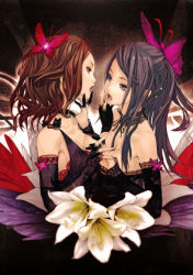 Rule 34 | 2girls, black hair, breast press, breasts, brown hair, bug, butterfly, choker, collar, couple, elbow gloves, face-to-face, fingerless gloves, flower, gloves, holding hands, highres, bug, lace, long hair, magnet (vocaloid), multiple girls, open mouth, original, redjuice, symmetrical docking, tongue, vocaloid, yuri