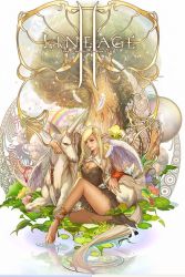 Rule 34 | 1girl, angel wings, art nouveau, elf, elf (lineage 2), fantasy, feathers, flower, juno jeong, lily pad, lineage, lineage 2, pointy ears, rainbow, sitting, solo, tree, unicorn, wings