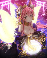 Rule 34 | 1girl, animal ears, bare shoulders, bell, bow, breasts, cleavage, fate/grand order, fate (series), fox ears, fox tail, hair bow, hair ribbon, highres, japanese clothes, long hair, mirror, multiple tails, official alternate costume, open mouth, pink hair, pot-palm, ribbon, solo, suiten nikkou amaterasu yanoshisu ishi, sweat, tail, tamamo no mae (fate/extra), tamamo no mae (third ascension) (fate), tears, twintails, very long hair, yellow eyes