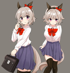 Rule 34 | 1girl, alternate costume, animal ears, bag, black thighhighs, blue skirt, blush, bow, bowtie, breasts, closed mouth, collared shirt, commentary, curren chan (umamusume), grey background, grey hair, hairband, holding, holding bag, horse ears, horse girl, horse tail, long sleeves, looking at viewer, medium breasts, multiple views, purple eyes, red bow, red bowtie, school bag, shirt, shirt tucked in, short hair, simple background, skirt, skirt hold, tail, tenten (chan4545), thighhighs, umamusume, white shirt
