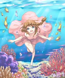 Rule 34 | 1girl, baba konomi, barefoot, blue eyes, brown hair, bubble, coral, diving, dress, fish, freediving, gradient background, happy, highres, holding breath, idolmaster, lostviolette, ocean, smile, solo, swimming, underwater
