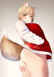 Rule 34 | 1girl, animal ear fluff, animal ears, ass, blonde hair, blush, bottomless, breasts, brown hair, closed mouth, commentary request, cowboy shot, fox ears, fox girl, fox tail, hair between eyes, highres, jacket, large breasts, long hair, looking at viewer, orange eyes, original, solo, standing, tail, tail raised, thighs, tsukimineko